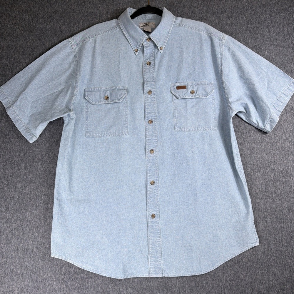 VTG Carhartt Shirt Mens Large Blue Chambray Button Down Workwear Short Sleeve